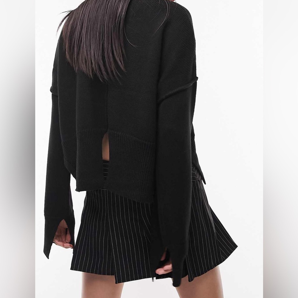 Topshop knitted notch detail Black Crew Neck Sweater